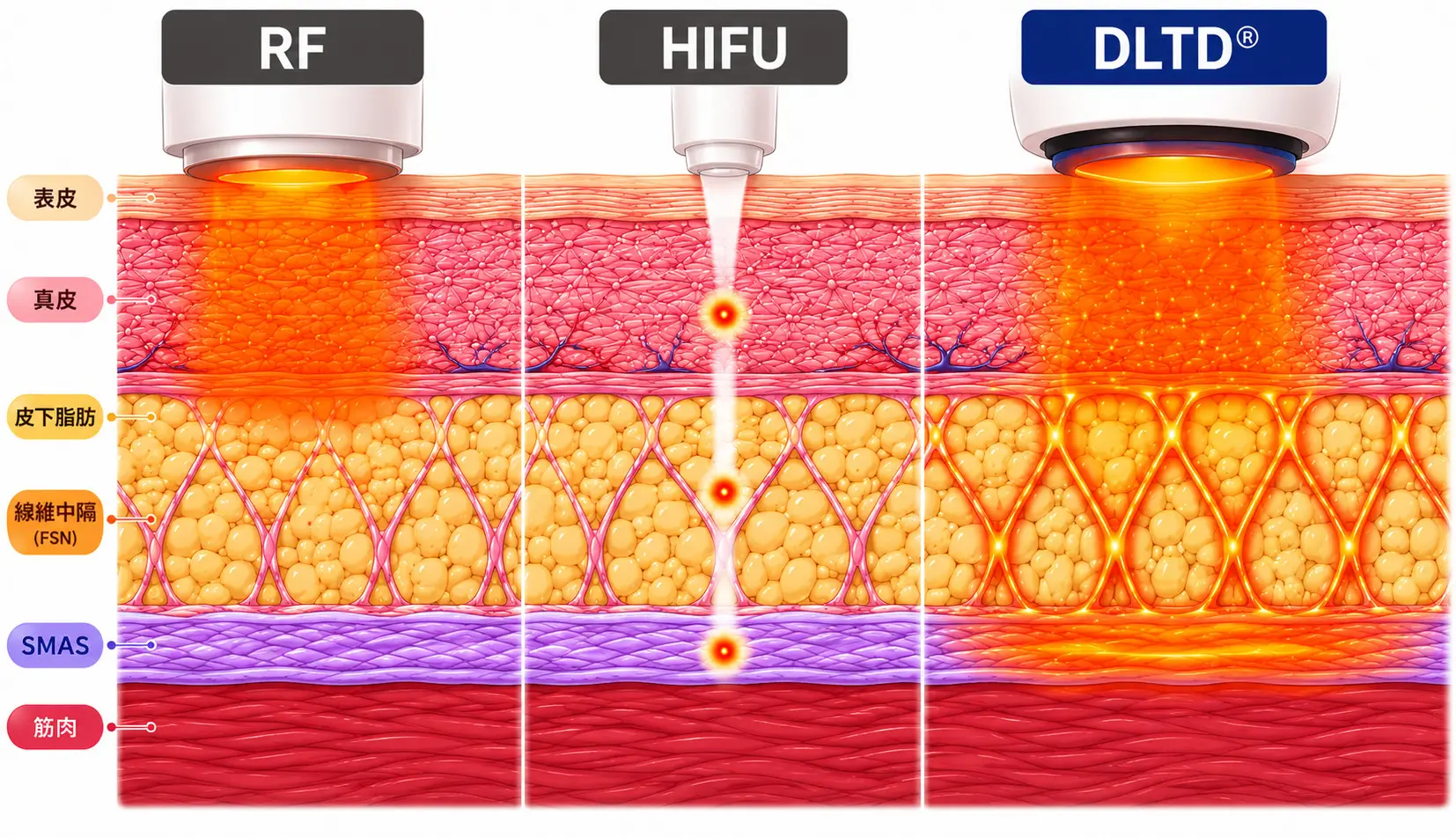 DLTD、RF、HIFUの加熱イメージの比較